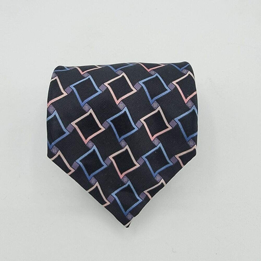Necktie Mens Vintage Silk Croft & Barrow Black, Peach Blue Diamonds Size 59 X 4